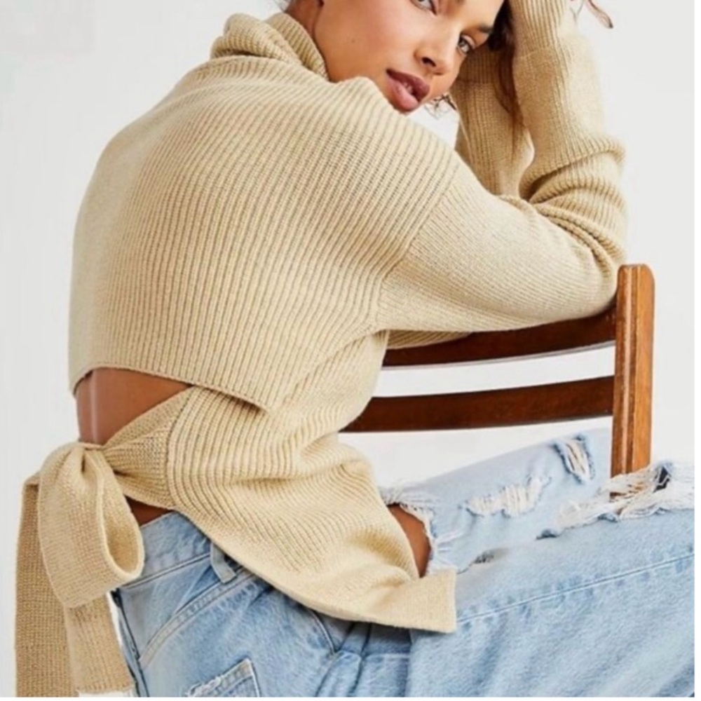 Free People Beach Bound Turtleneck Tie Back Pullover Ribbed Knit Sweater Small